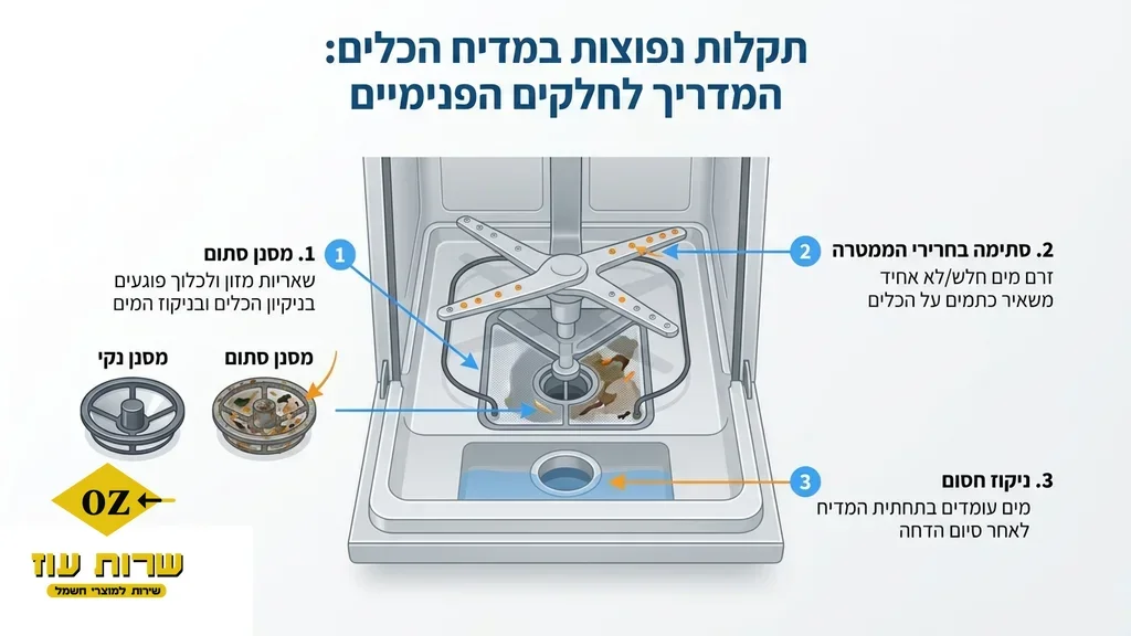 תקלות נפוצות במדיח כלים, התמקדות בחלק הפנימי של המדיח טכנאי בודק מדיח כלים פתוח
