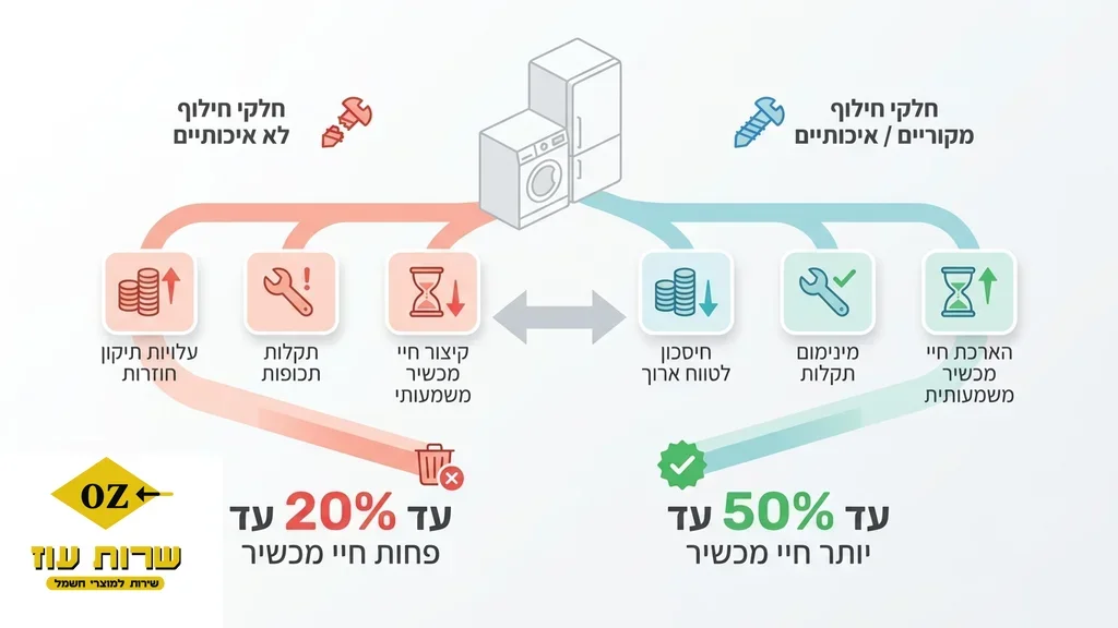 פסקה העוסקת בחשיבות של חלקי חילוף איכותיים למכשירי חשמל למניעת תקלות והארכת חיי המכשיר. חלקי חילוף איכותיים למכשירי חשמל ביתיים