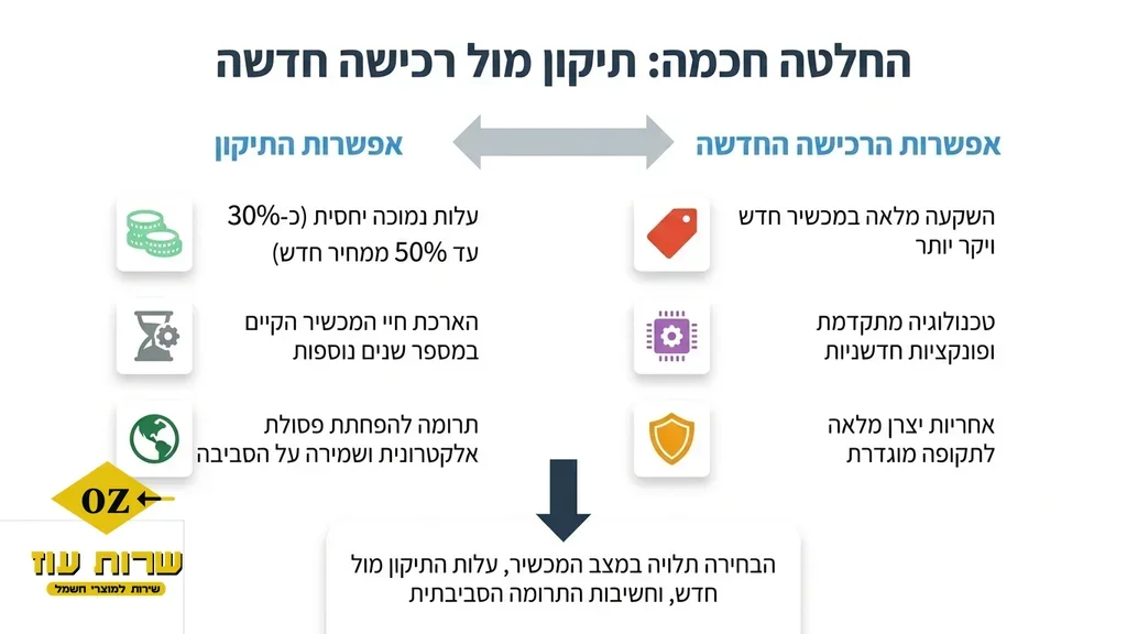 מיד לאחר טבלת ההשוואה בין תיקון לרכישת מכשיר חדש. תיקון מכונת כביסה מתקדמת