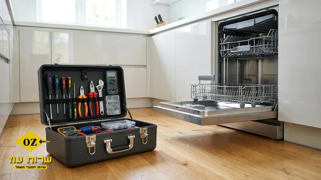 A toolbox next to a dishwasher in a kitchen. כלי עבודה לתיקון מדיח כלים