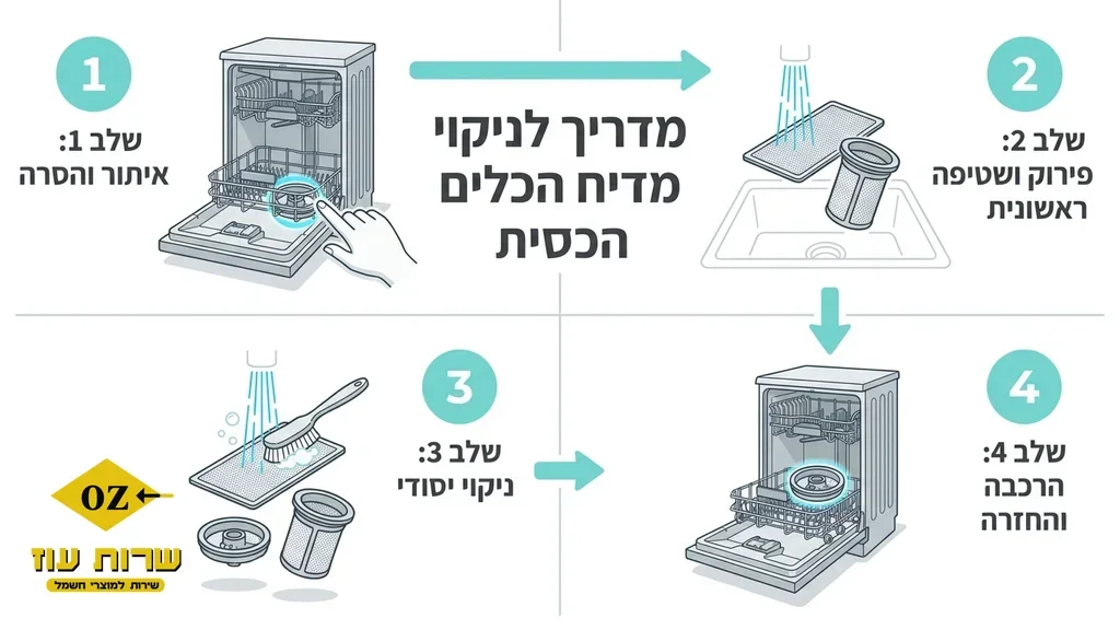 אחרי הפסקה המסבירה איך להאריך את חיי מדיח הכלים וניקוי הפילטרים ניקוי פילטר של מדיח כלים
